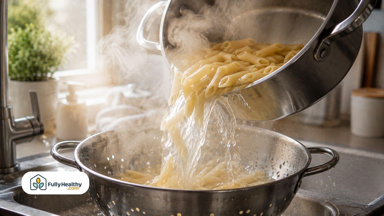 Steaming penne pasta draining into metal colander over kitchen sink