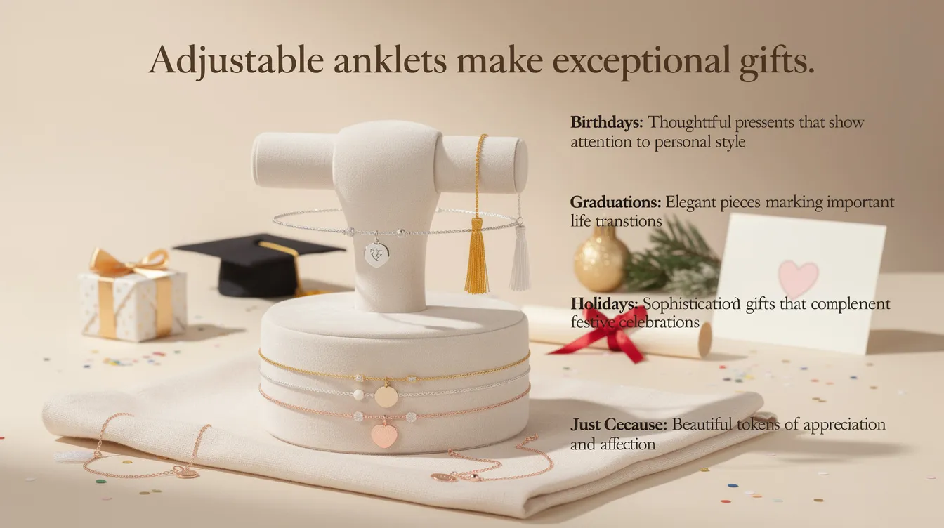The image showcases a collection of adjustable anklets in various styles, including sterling silver, gold, and multi-colour options, adorned with charms and stones like turquoise and pearls. These elegant pieces make thoughtful gifts for birthdays, graduations, and holidays, perfectly suited to elevate any personal style.