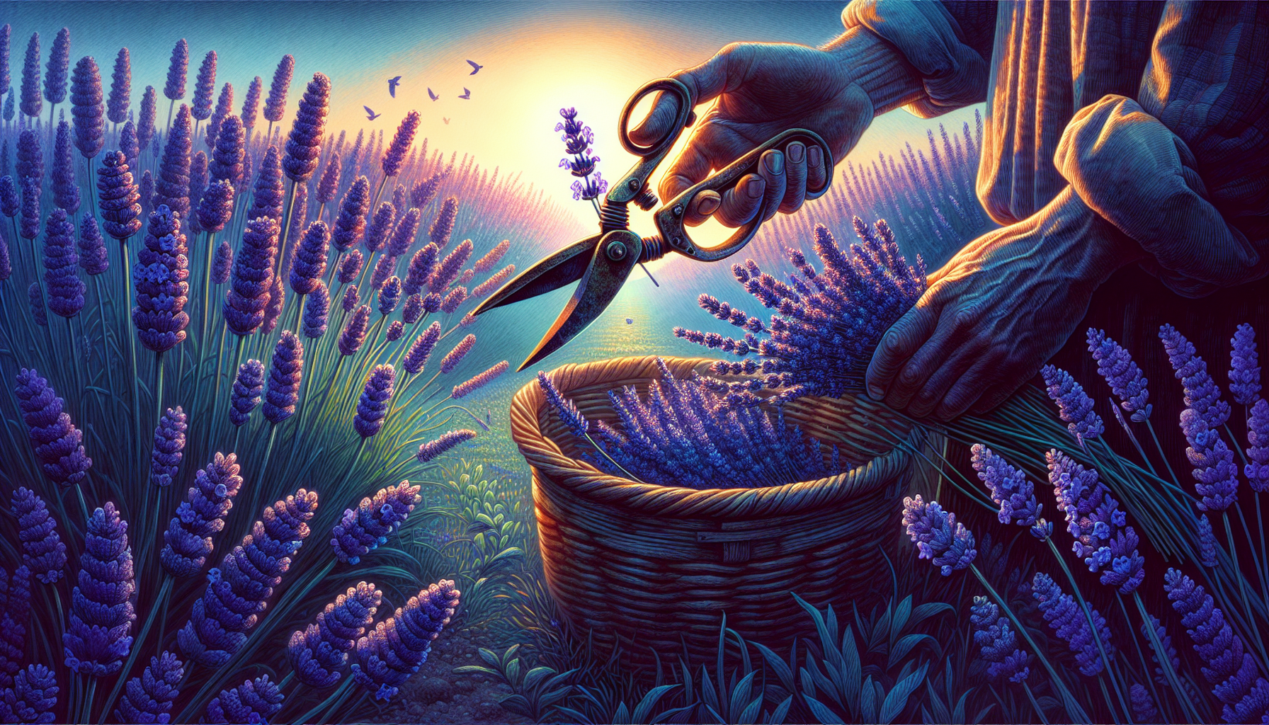 Illustration of harvesting lavender flowers