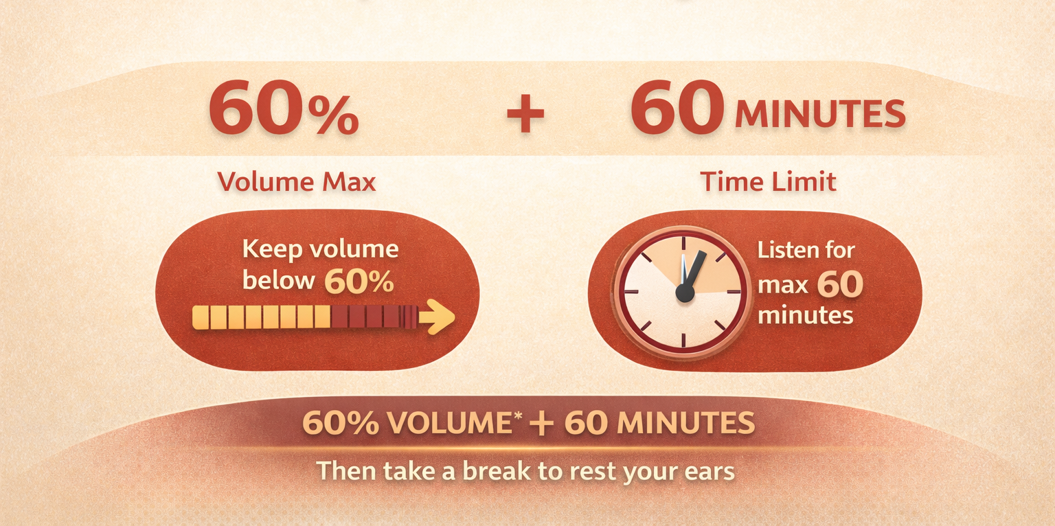 Infographic explaining the 60 percent volume and 60 minute limit rule for safe listening