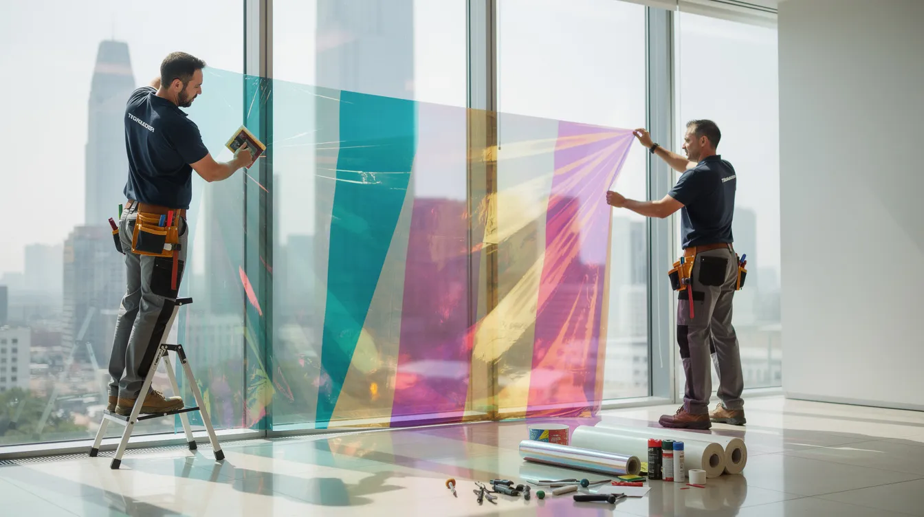 Two men are installing dichroic window film in a large window, showcasing the interplay of light as it interacts with the film's layers. The film features a spectrum of cool and warm tones that change color at various angles, creating a decorative effect that enhances the space.