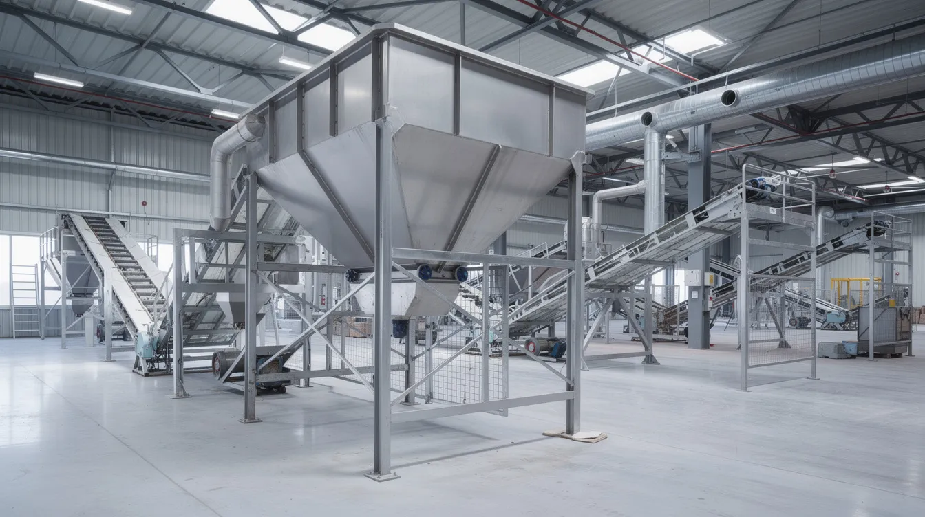 5310ae77 6ac7 4f69 97a8 4a1c092e3e96 The image features industrial grain processing machinery, including metal conveyors and hoppers, situated within a large factory hall, indicative of a maize processing plant. This setup is essential for the manufacturing process of various maize products, such as corn starch and animal feed, highlighting the scale and complexity of the maize processing industry.