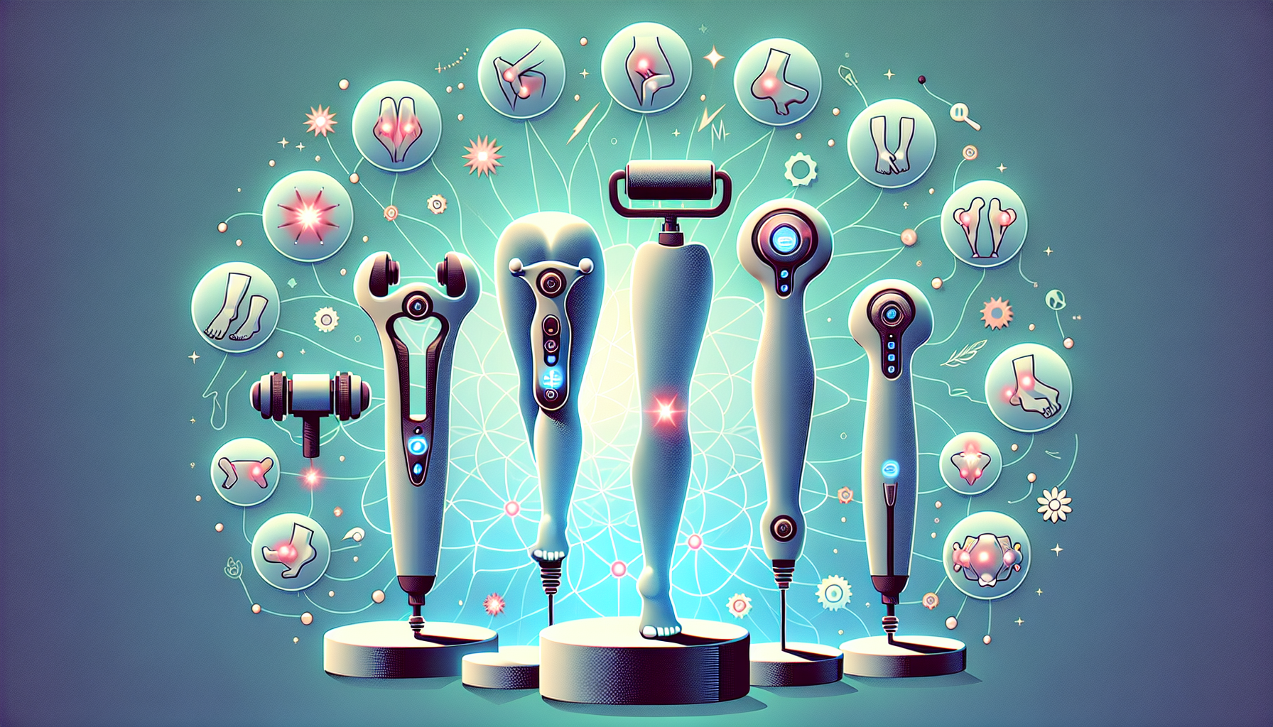 An illustration of various leg massagers providing pain relief for specific conditions.