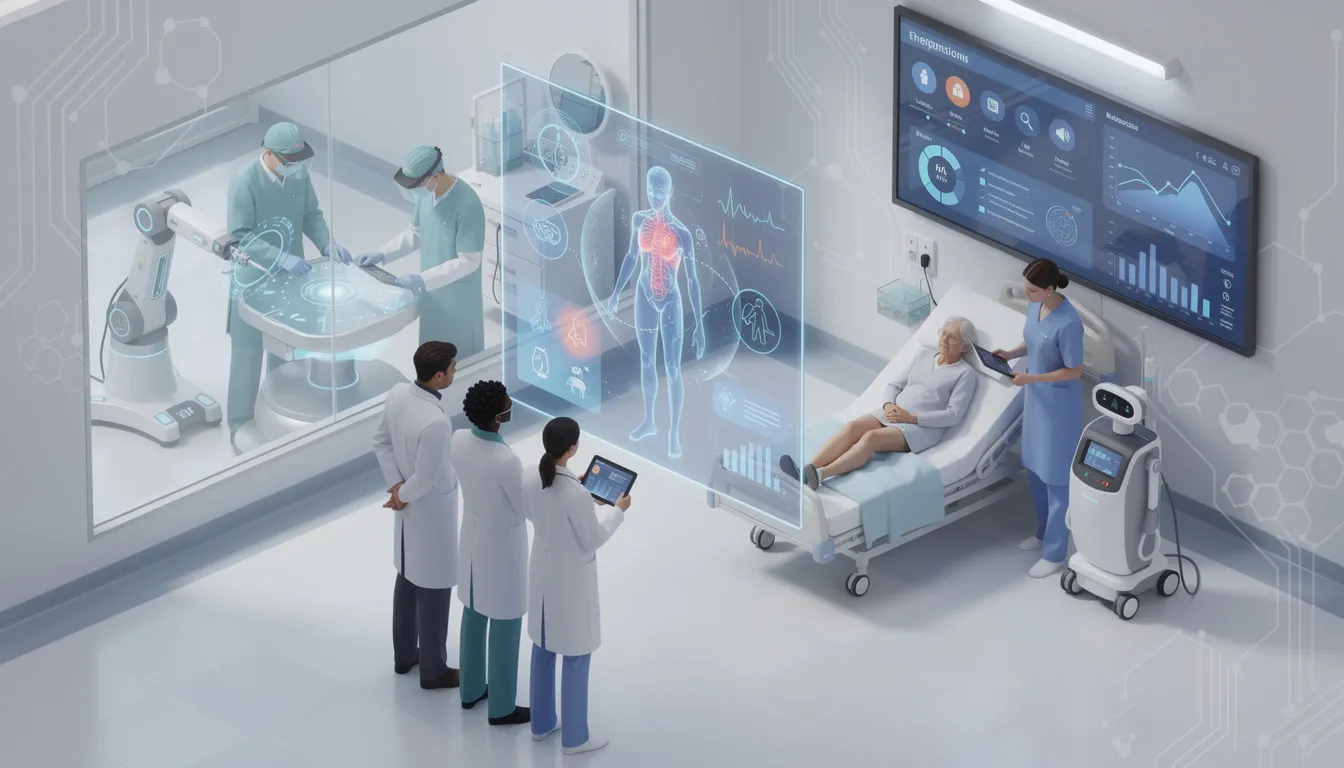 The image depicts various AI technologies in healthcare, showcasing the integration of machine learning algorithms and natural language processing to enhance patient care. It illustrates how AI-powered systems streamline business processes, automate routine tasks, and improve operational efficiency, ultimately leading to better customer satisfaction and fewer errors in data analysis.