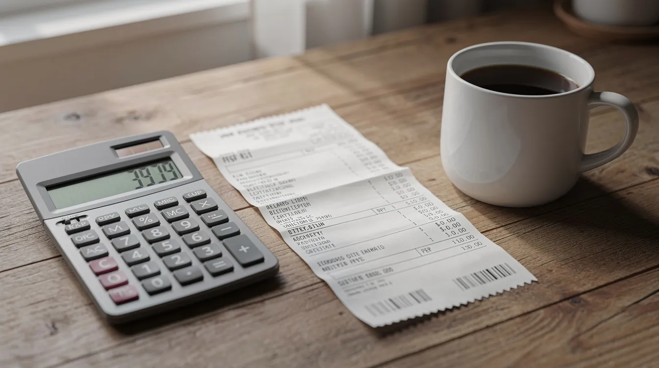 The image features a calculator, a pay stub, and a coffee mug arranged on a wooden table, suggesting a workspace where one might plan ahead for managing finances or preparing for educational lessons. This setup reflects a combination of resources that could be useful for students or employees evaluating their income and budgeting methods.