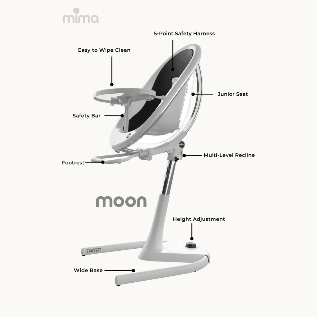 Moon High Chair infographic of features and chair parts.