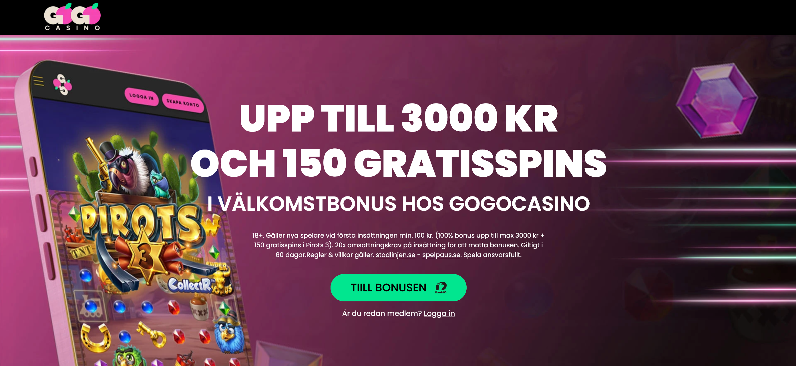 GoGo Casino, upp till 3000 kr + 150 free spins.