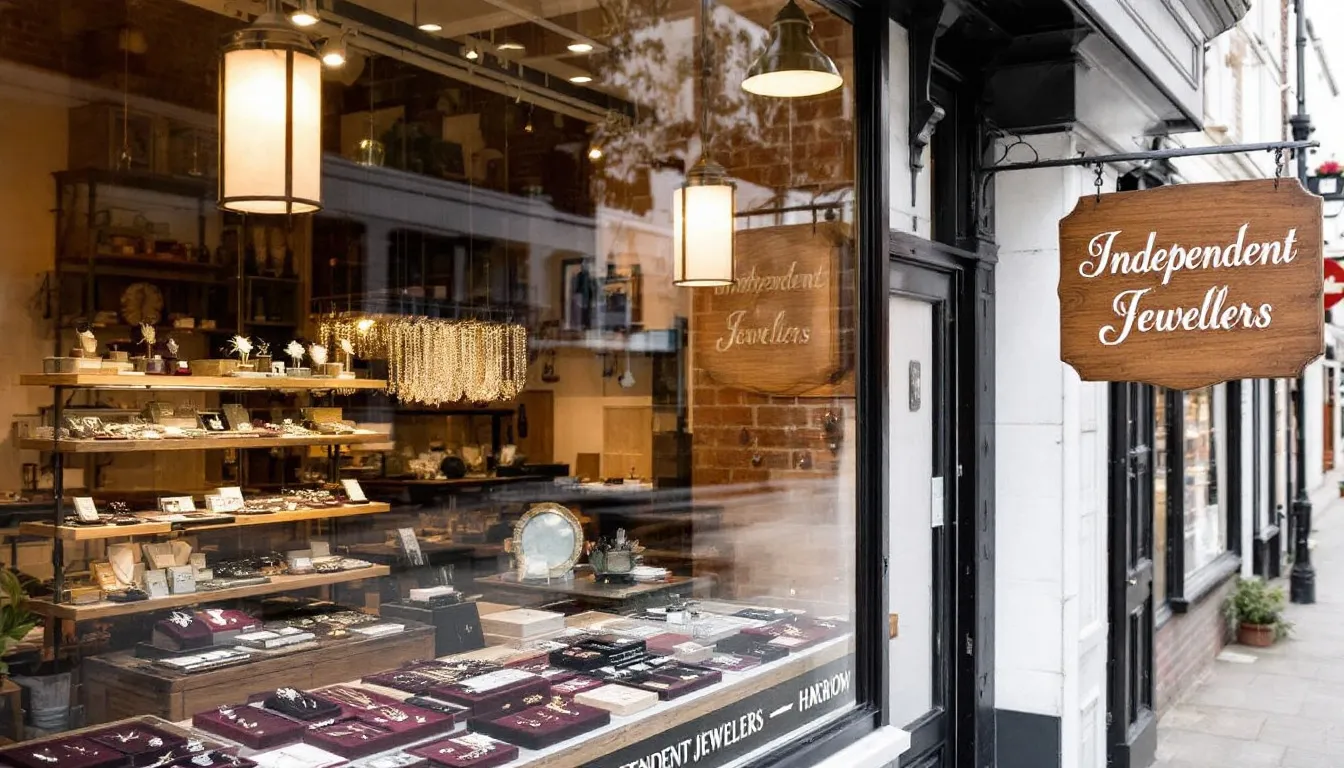The image showcases an elegant independent jewellers shop in Harrow, featuring a beautiful display of sterling silver and solid gold jewellery, including rings, necklaces, and earrings. The store emphasizes quality craftsmanship and offers a variety of timeless pieces perfect for any occasion.