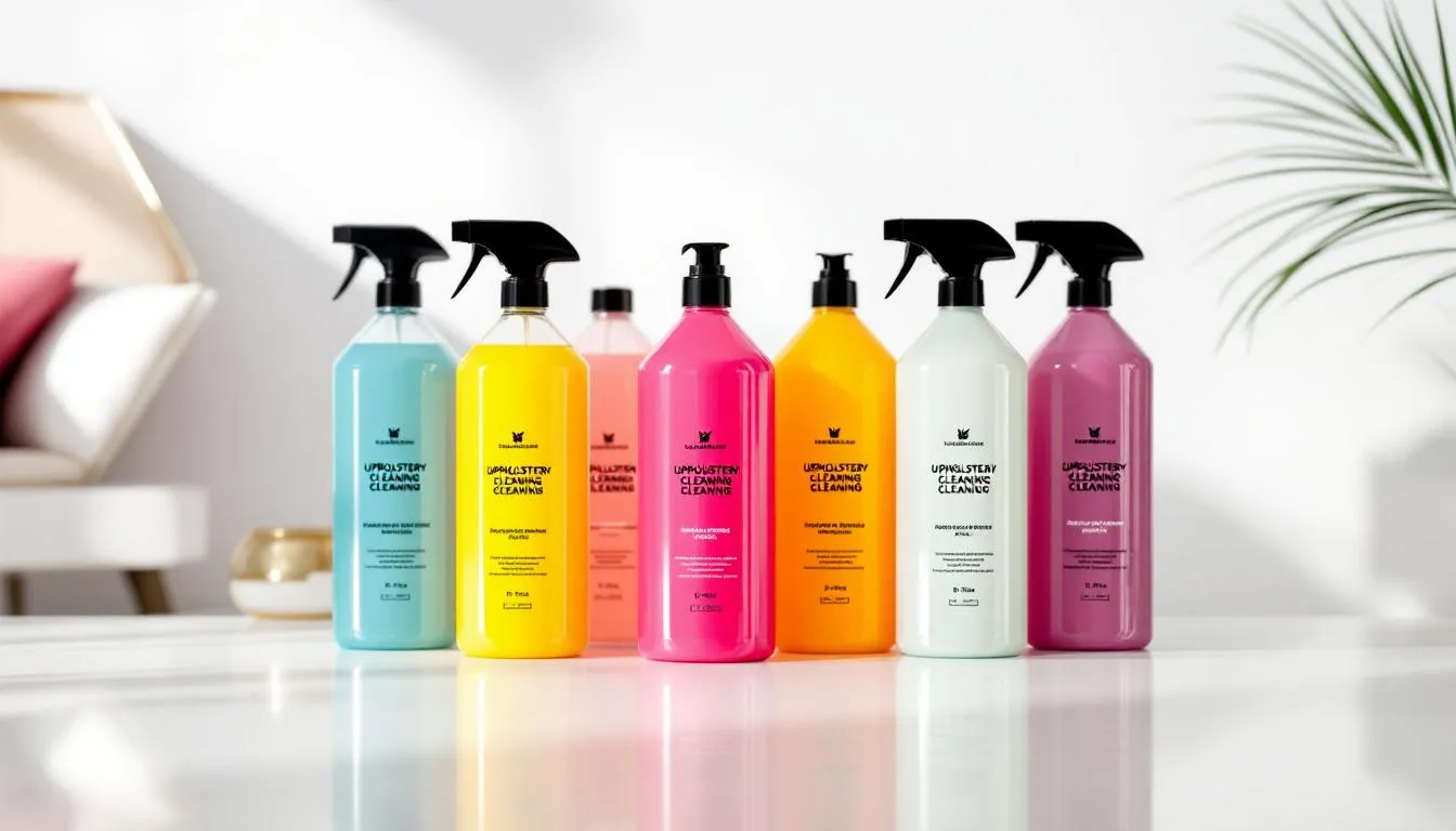 A variety of upholstery cleaning products displayed on a table, showcasing specialized cleaning solutions.