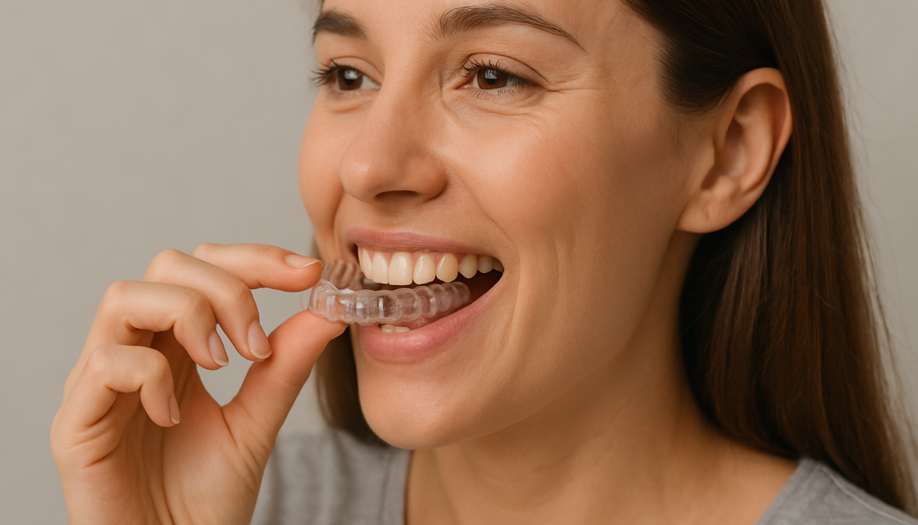 Pasient setter inn gjennomsiktig tannskinne som del av diskret tannregulering.