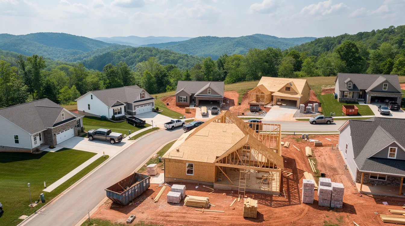An aerial view showcases a suburban East Tennessee neighborhood, where several homes are under construction against the backdrop of wooded hills. This scene highlights ongoing construction projects, emphasizing the importance of construction insurance for property owners to protect against potential construction defects and liability claims.