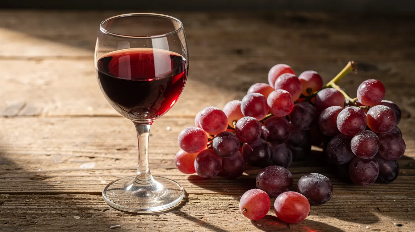 A glass of red wine sits elegantly next to clusters of purple grapes on a rustic wooden table, symbolizing the health benefits associated with a diet rich in antioxidants and polyphenols. This image evokes thoughts of resveratrol, a compound found in red wine that researchers study for its potential protective effects against cardiovascular disease and aging.