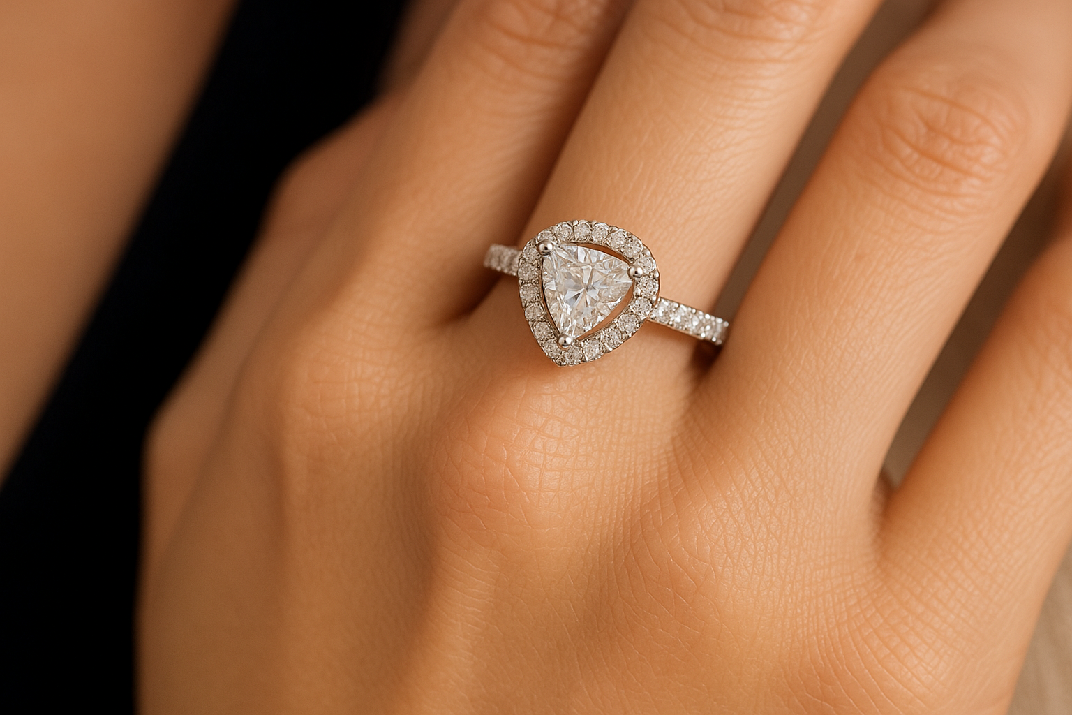 žiedas iš balto aukso Halo dizaino su centriniu trikampio formos deimantu ant stilingos moters