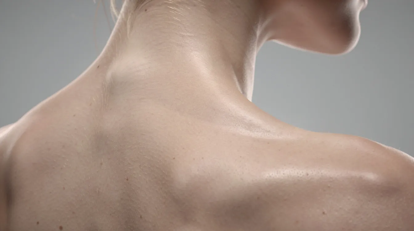 The image shows a close-up view of a person's neck and shoulder area from behind, highlighting the smooth contour where the trapezius muscle meets the neck. This area is often associated with neck pain and muscle tension, which can lead to issues like tension headaches and chronic pain.