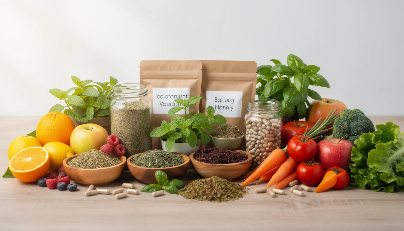 The image showcases a vibrant arrangement of various natural supplements and herbs alongside fresh fruits and vegetables, highlighting their potential to relieve allergy symptoms and support the immune system. Notable items include citrus fruits and herbal remedies known for their anti-inflammatory and antihistamine properties, ideal for alleviating seasonal allergies and allergic rhinitis symptoms.