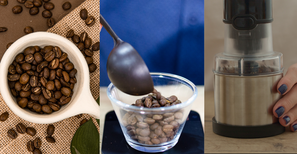 choosing coffee beans, measuring coffee beans, grinding process
