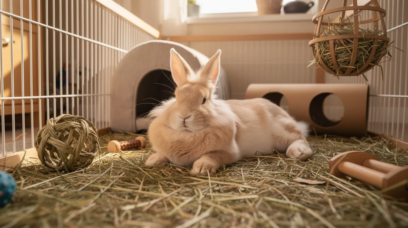 A fluffy pet rabbit is lounging comfortably in a spacious indoor pen filled with fresh timothy hay and colorful chew toys. This safe space allows for natural behaviors, ensuring the rabbit feels relaxed and content while enjoying its bunny care essentials.