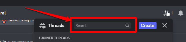 Closeup image showing the search panel on the Discord threads discovery menu