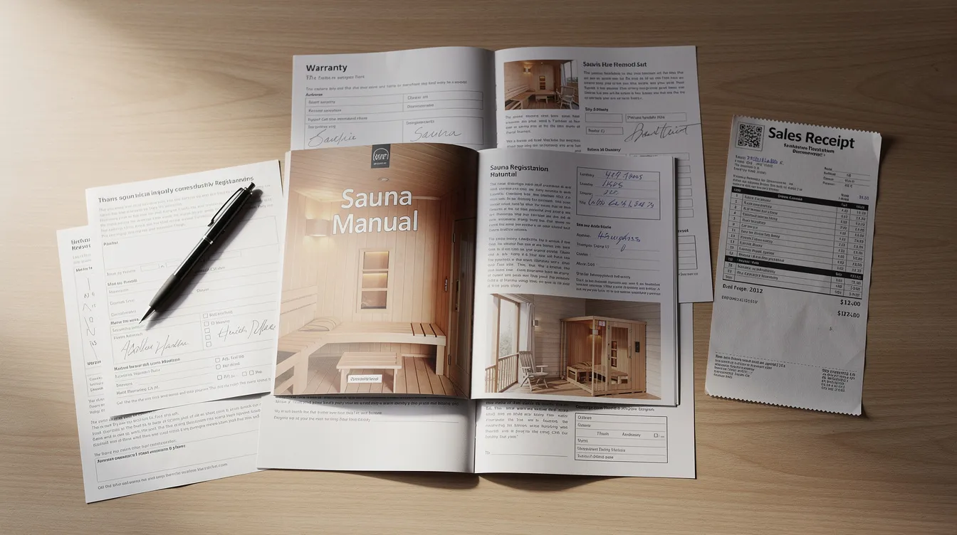 The image shows a collection of warranty registration documents, a sauna manual, and a sales receipt spread out on a desk. These items are essential for understanding the limited lifetime warranty that covers parts and manufacturing defects for the infrared sauna, ensuring proper maintenance and warranty service during the warranty period.