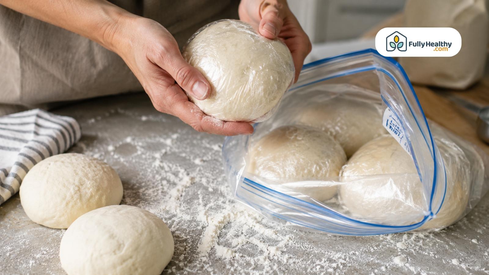 Person wrapping pizza dough balls before placing them inside freezer bag
