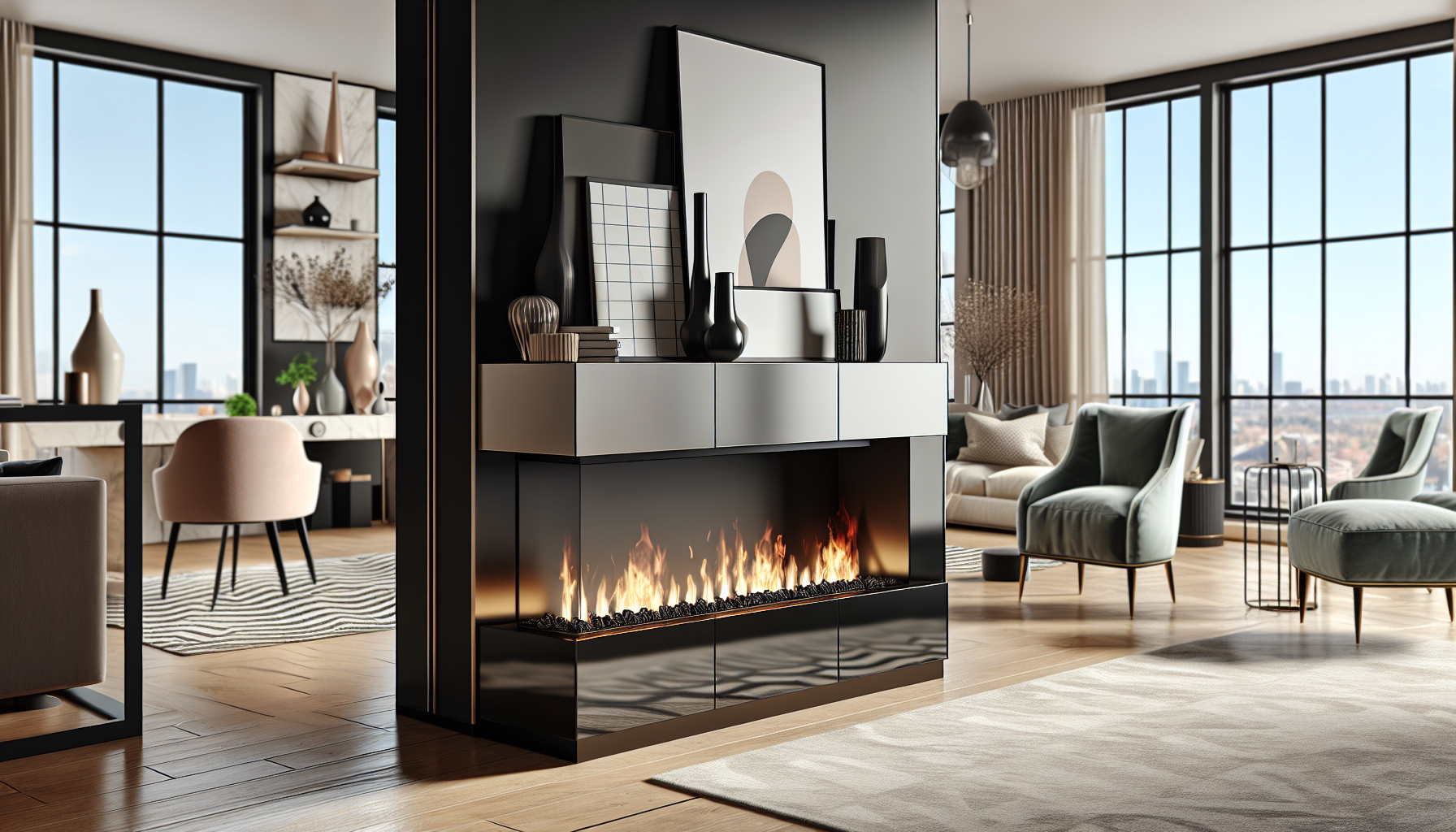 A sleek modern fireplace design in a contemporary living space.