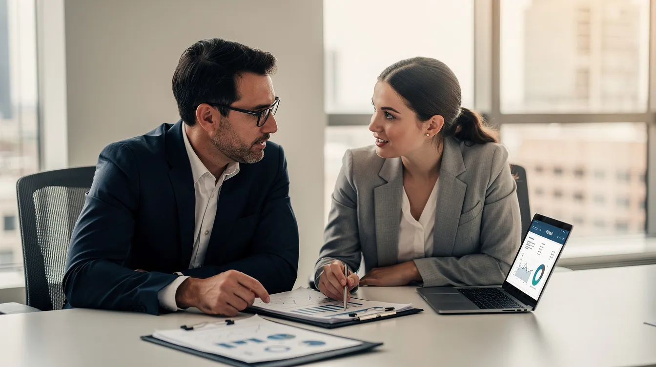 Two business professionals engage in a mentorship discussion, reviewing documents that likely pertain to succession planning and leadership development. This collaborative effort highlights the importance of preparing future leaders for critical roles within the company, ensuring leadership continuity and a strong talent pipeline for long-term success.