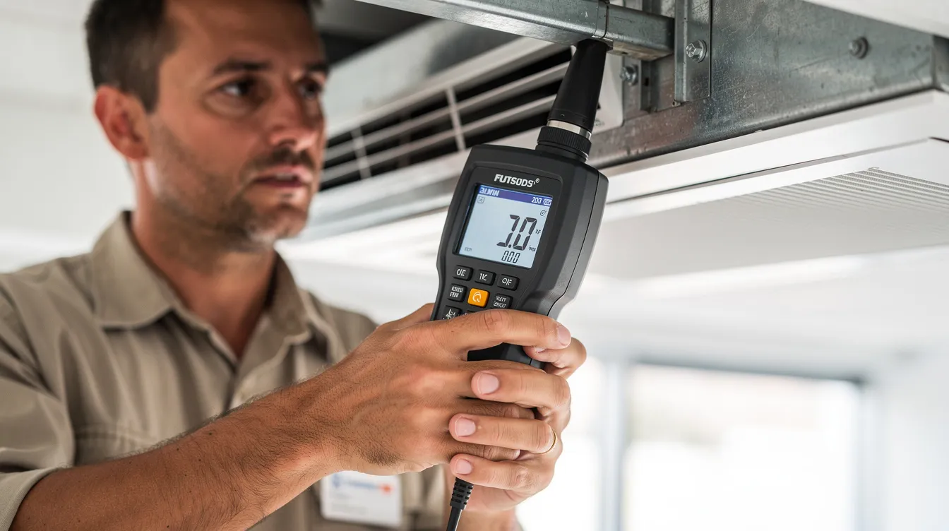 Nærbillede af en tekniker, der holder et digitalt måleapparat op mod et ventilationsarmatur, mens han måler luftmængder for at sikre et sundt indeklima. Denne professionelle vurdering er afgørende for at opnå optimal drift af ventilationssystemet.