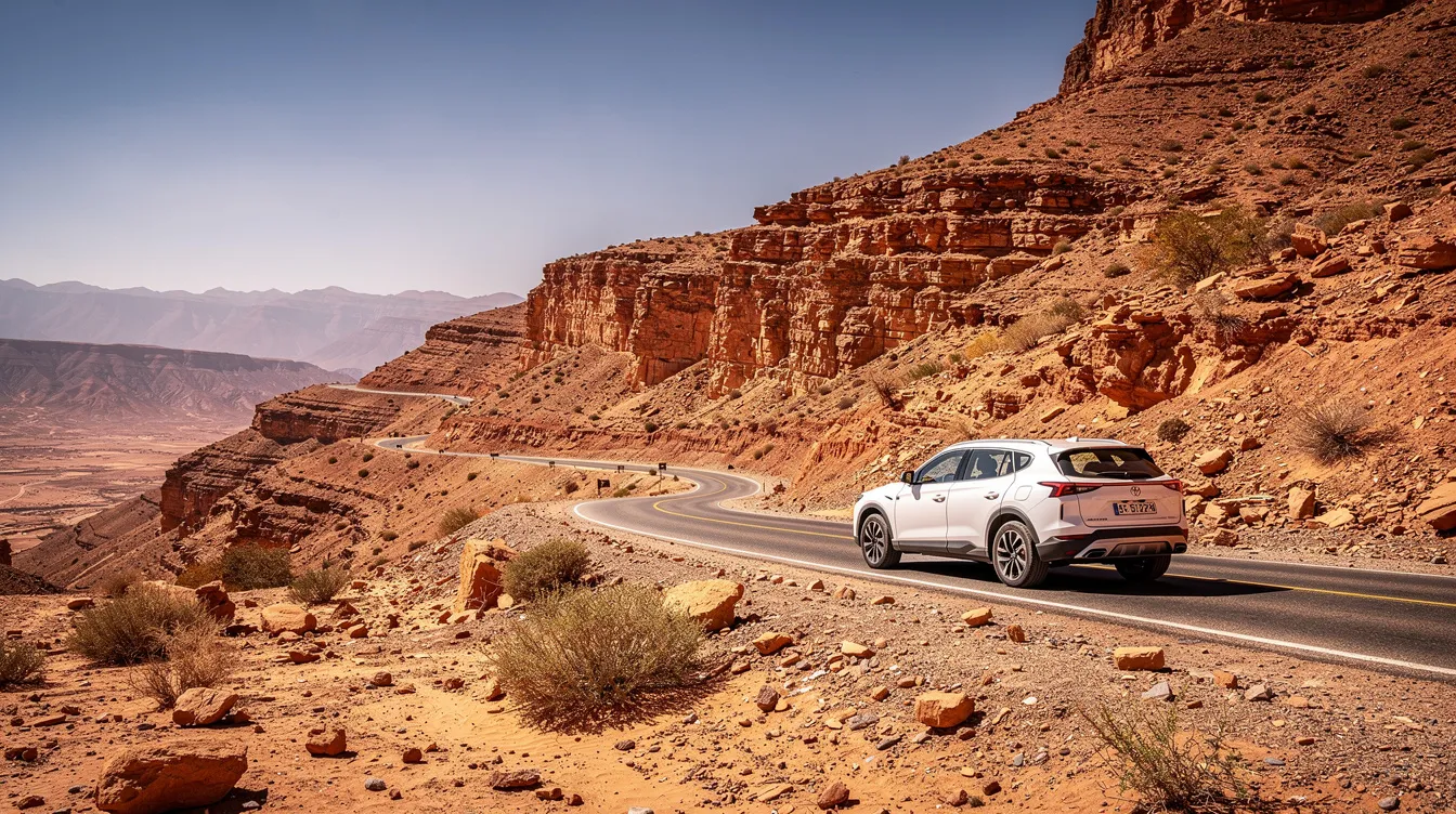 Un SUV bianco su una strada di montagna tortuosa in un paesaggio marocchino arido e roccioso.
