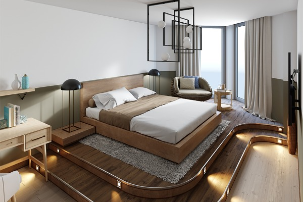 Пример зонирования с помощью кровати на подиуме
