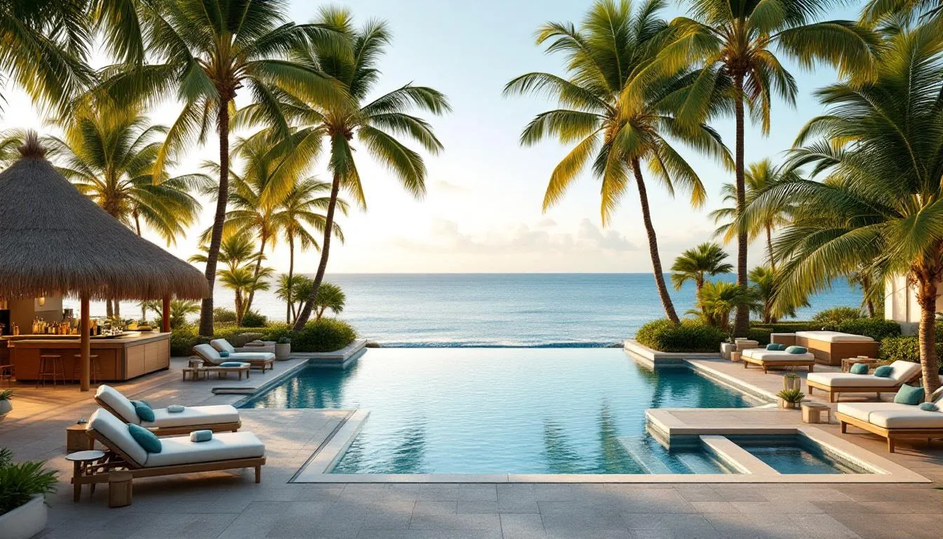 The image depicts a luxurious resort-style pool area at Tarpon Point in Cape Coral, surrounded by lush tropical landscaping and palm trees, showcasing premium amenities such as tennis courts and a putting green. This inviting space offers a serene atmosphere for residents and visitors to relax and enjoy the beautiful Southwest Florida weather.