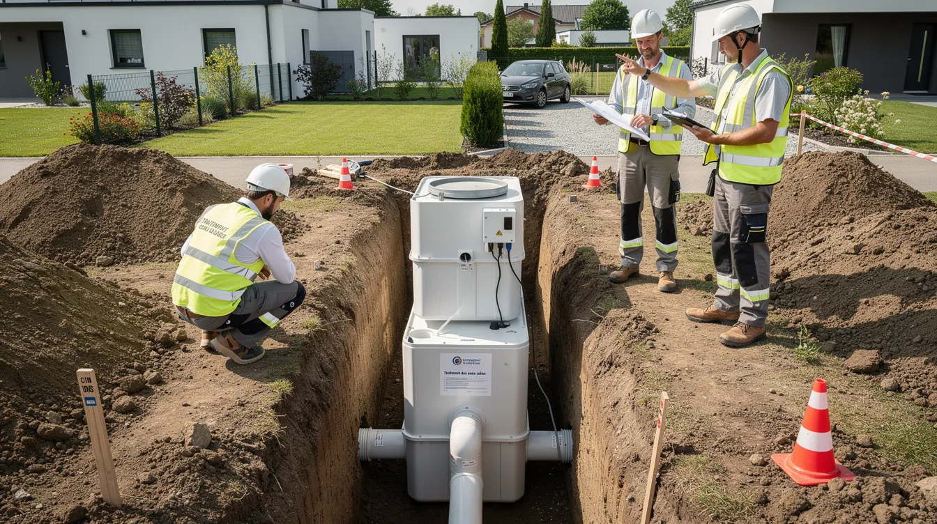 Un dispositif compact de traitement des eaux usées, également connu sous le nom de micro station d'épuration, est installé dans une tranchée sur un terrain résidentiel, tandis que des techniciens supervisent la mise en service et la conformité du système d'assainissement non collectif. Ce dispositif assure le traitement des eaux usées domestiques tout en respectant les normes de santé publique.