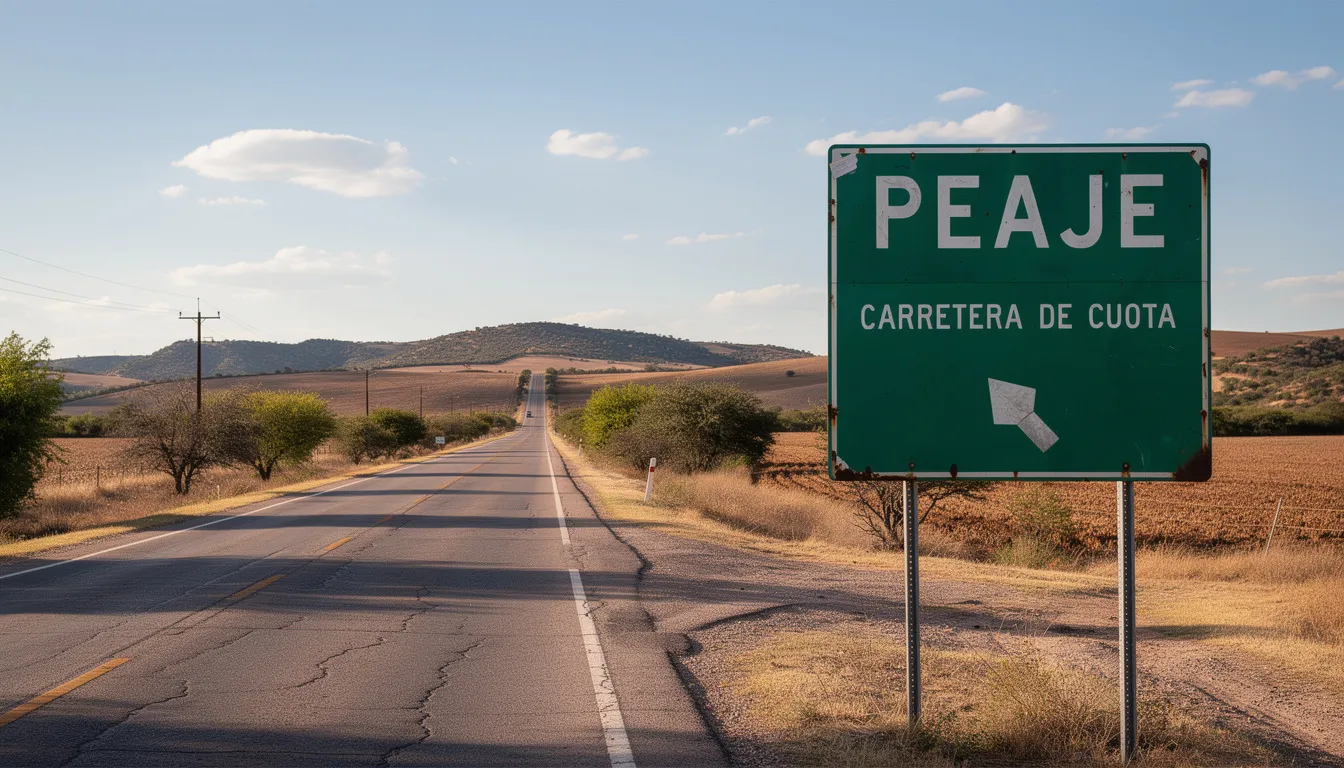 Une route mexicaine bordée de paysages de campagne verdoyants, avec un panneau de péage indiquant la direction des destinations populaires comme Cancún et Playa del Carmen. Cette scène évoque l'idée d'un road trip en voiture de location à travers le Mexique, offrant une vue sur la beauté naturelle du pays.