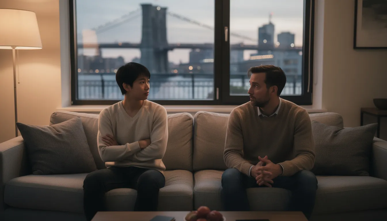 In this ultra-realistic photograph, a couple sits on a contemporary sofa in a New York apartment, embodying emotional distance; one partner, an Asian individual, turns away with crossed arms and a rigid posture, while the other partner, white, leans forward, looking hurt and confused. The soft evening light casts a muted ambiance, highlighting the subtle tension in their body language and facial expressions, as the iconic Brooklyn Bridge is visible in the background, symbolizing the emotional effects of stonewalling in their romantic relationship.