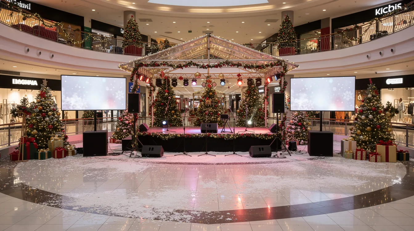 The image depicts a festive Christmas event in a plaza, featuring a small outdoor stage adorned with holiday decorations and some scattered snow. The setup includes high-quality sound systems, outdoor LED screens, and microphones, creating an inviting atmosphere for community gatherings and worship experiences during this special event.