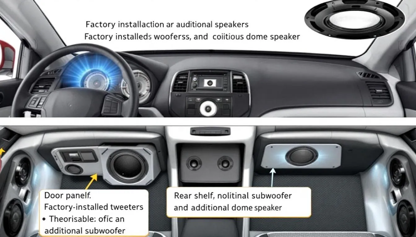 The image depicts the interior of a car showcasing various speaker mounting locations, highlighting the potential for high-quality sound and deep bass. This setup emphasizes the innovation in car audio technology, designed to enhance the listening experience for music and podcasts during your ride.