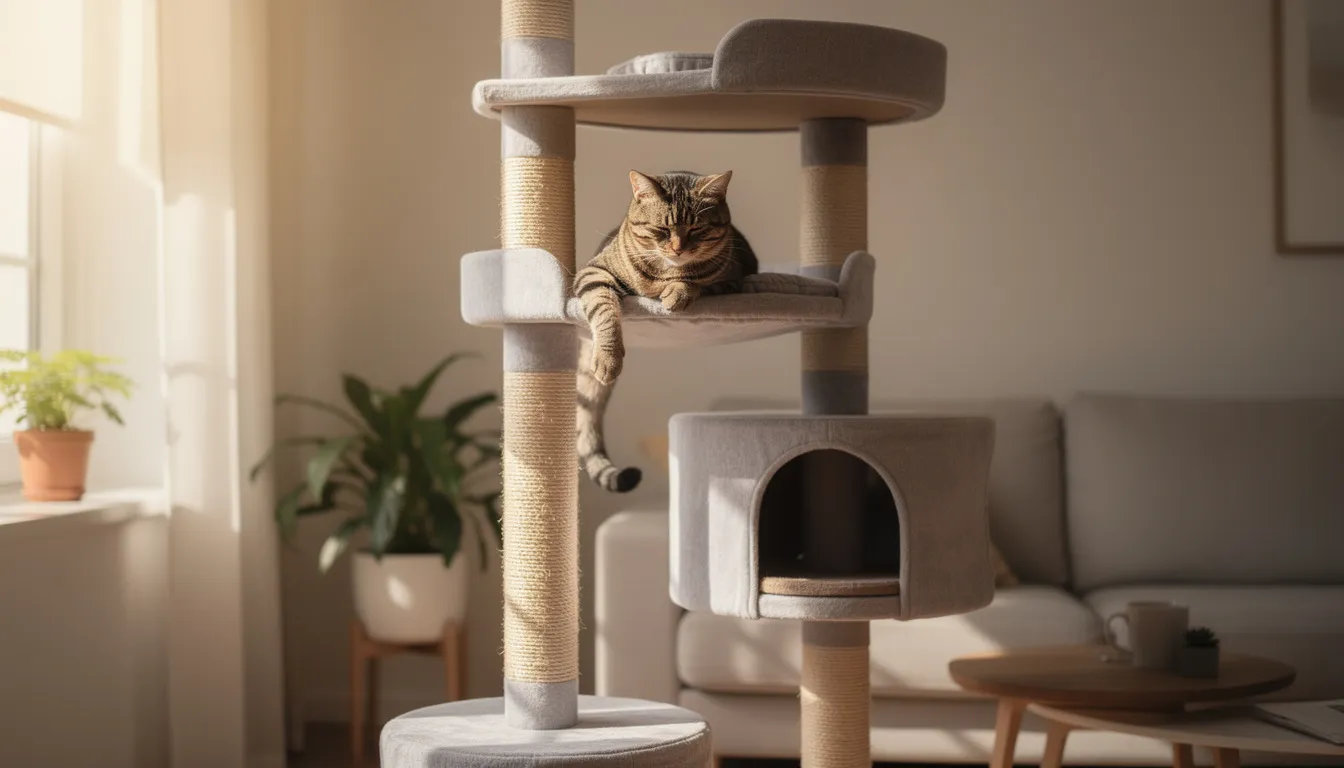 Een hoge krabpaal met meerdere platforms, waarop een kat rustig ligt te slapen. De kat vertoont geen agressief gedrag en lijkt zich comfortabel te voelen in zijn omgeving.