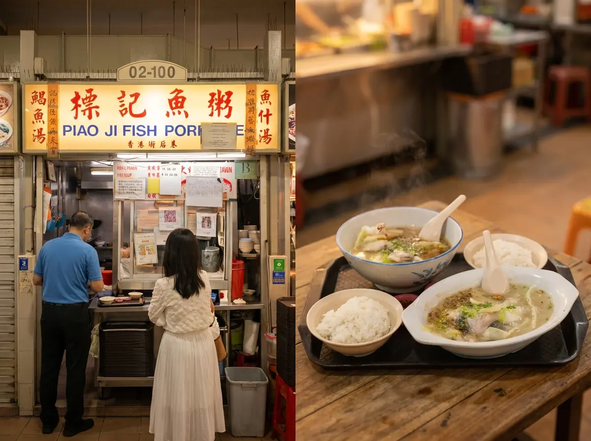 A split image showing a Singaporean hawker stall named "Piao Ji Fish Porridge" on the left, with a couple waiting at the counter. On the right, two steaming bowls of fish soup served with sides of white rice sit on a wooden table.