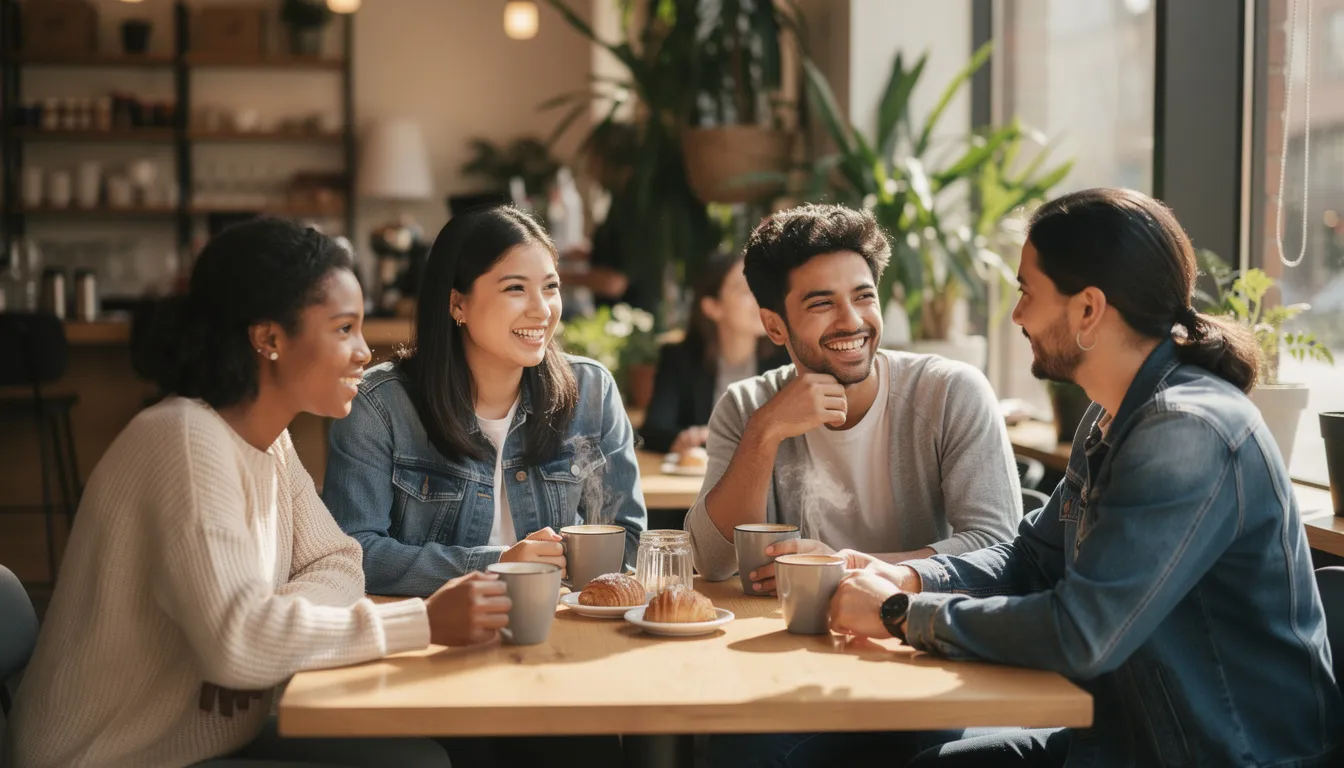 A small group of diverse individuals is seated in a casual café, engaged in lively conversation over coffee, embodying the essence of a supportive environment that promotes healthy habits and emotional well-being. This scene reflects the importance of building a strong support network and fostering meaningful connections during the recovery journey.
