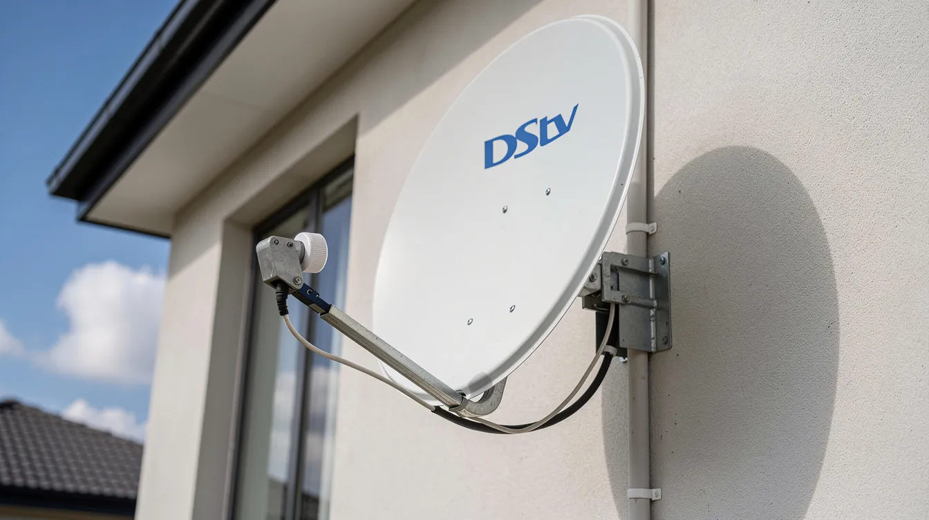 The image shows a DStv satellite dish being installed on an exterior wall, with an installer carefully adjusting the dish for optimal signal reception. Coaxial cables are visible, connecting the dish to a DStv decoder, ensuring a clear line for the best signal strength.