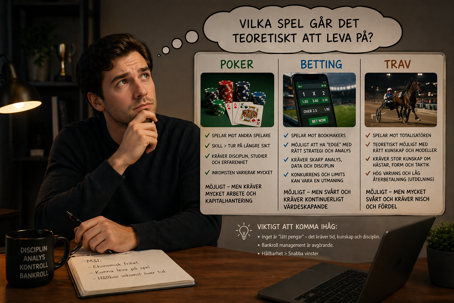 Jämförelse av poker, betting och trav som spel man teoretiskt kan leva på