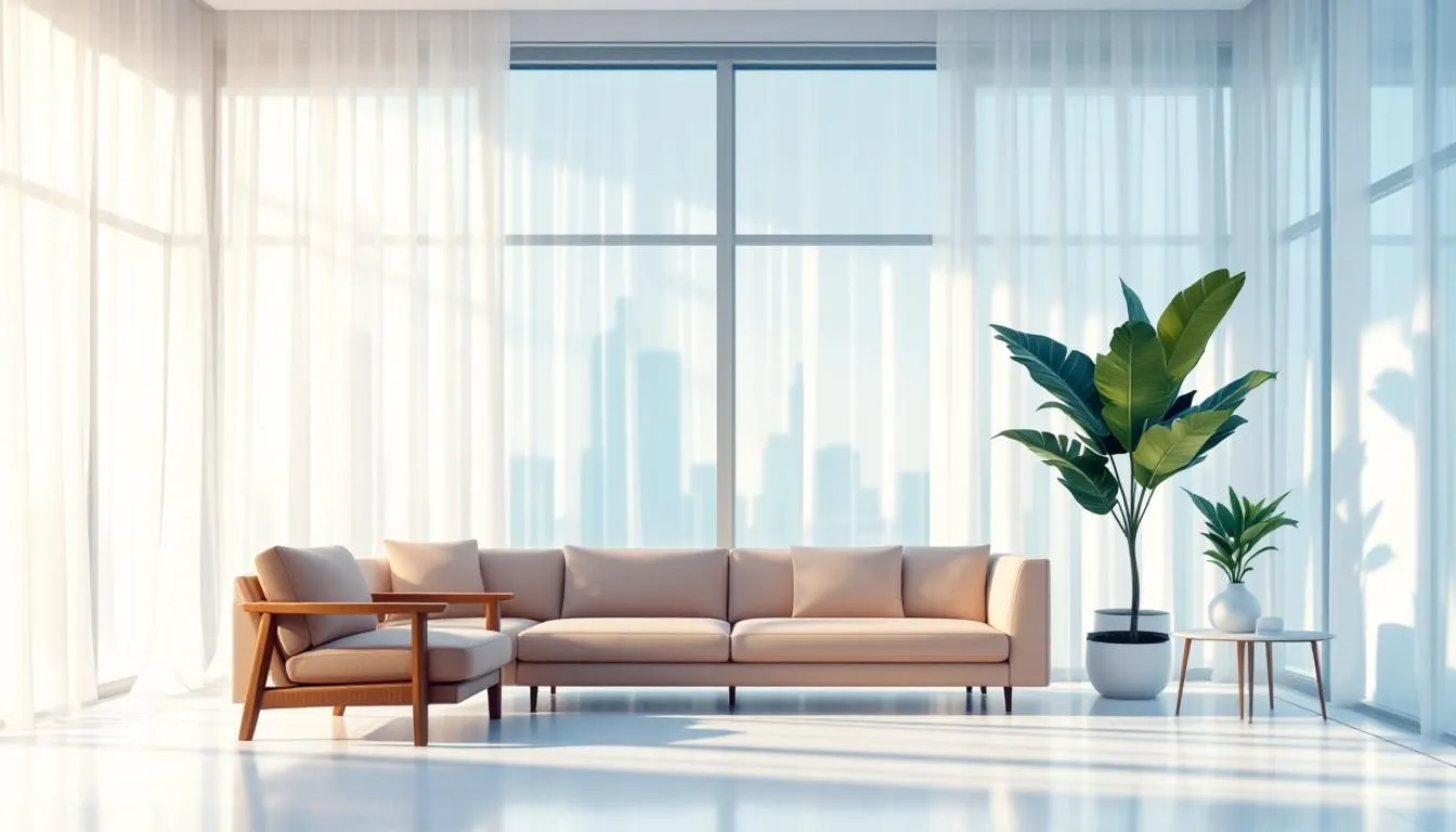 An illustration showing the benefits of professional curtain cleaning, including clean air and hygiene.