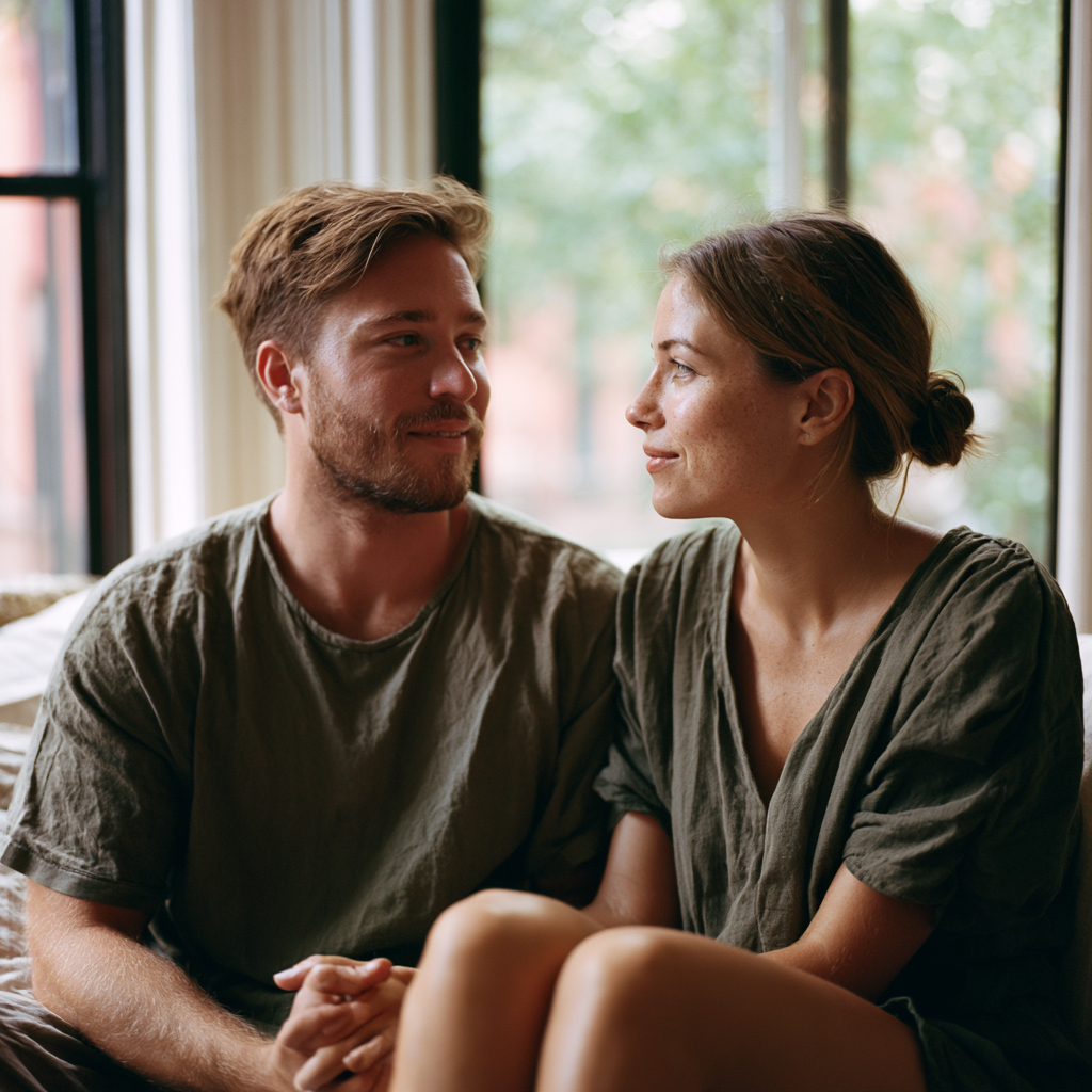 Couple sitting close on a sofa in a sunlit Brooklyn living room, hands loosely joined.