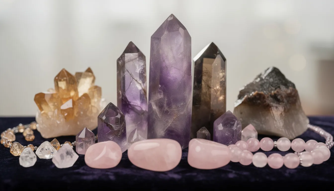 The image showcases a variety of natural quartz crystals, including amethyst, citrine, and smoky quartz, each displaying unique colors and formations. These crystals range in size from small beads to large, striking specimens, reflecting their diverse beauty and metaphysical properties.