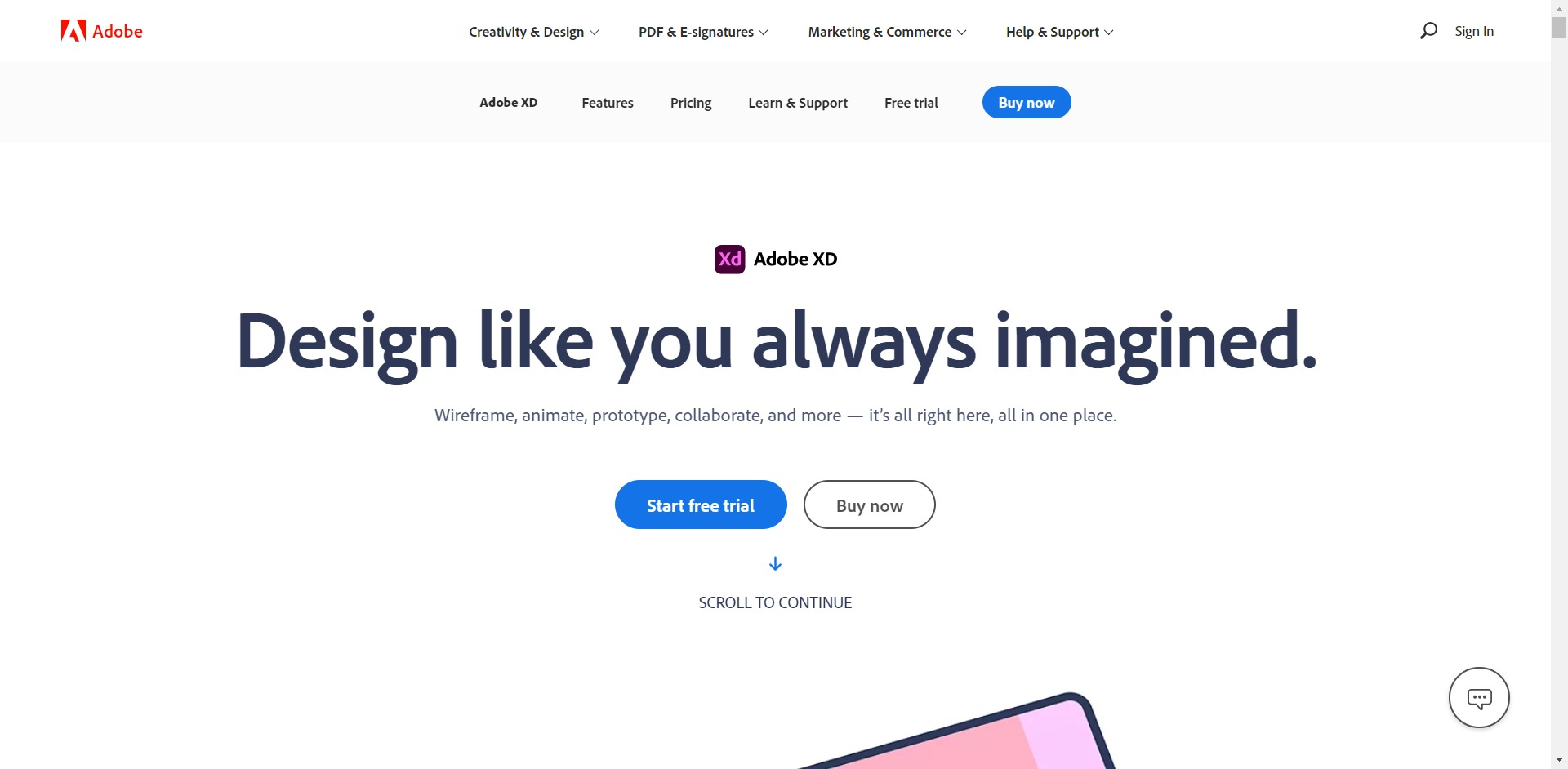 Adobe XD home page