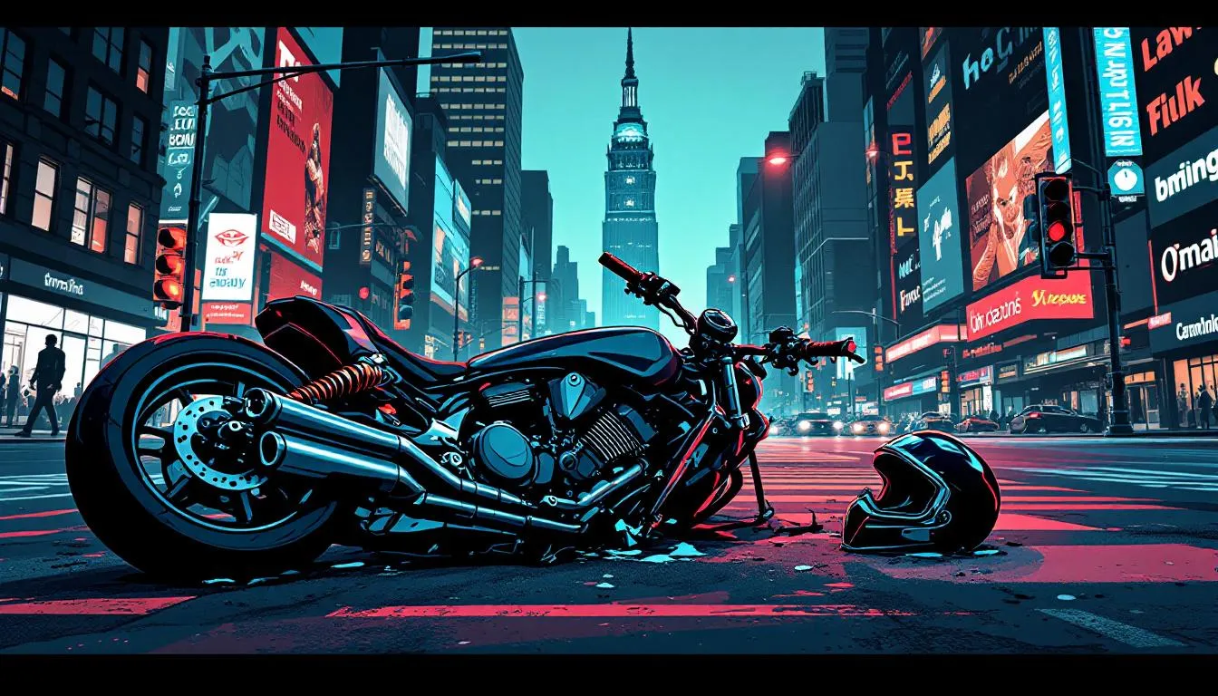 A motorcycle accident with a damaged motorcycle and helmet.