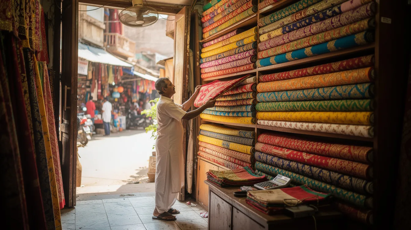 A small shop owner in South Asia is seen arranging vibrant fabric rolls on shelves, showcasing a variety of colors and patterns. This scene reflects the entrepreneurial spirit of micro entrepreneurs in rural areas, highlighting their dedication to providing quality products to their community.