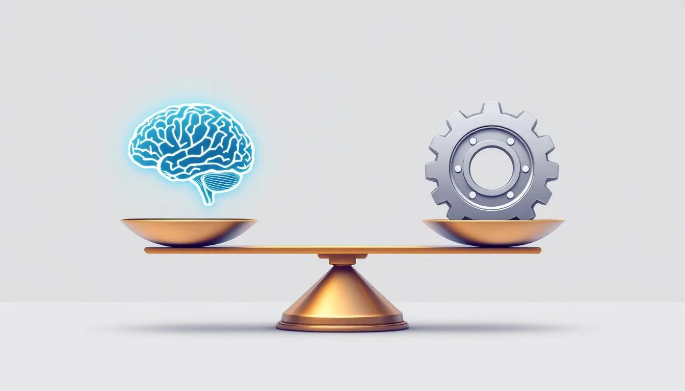 A flat design vector illustration depicts a balanced scale with a glowing brain on one side and a gear on the other, representing the ethical balance of artificial intelligence in the nonprofit sector. This imagery symbolizes the importance of responsible AI use and the integration of AI tools to enhance decision-making and drive social impact for nonprofit professionals.