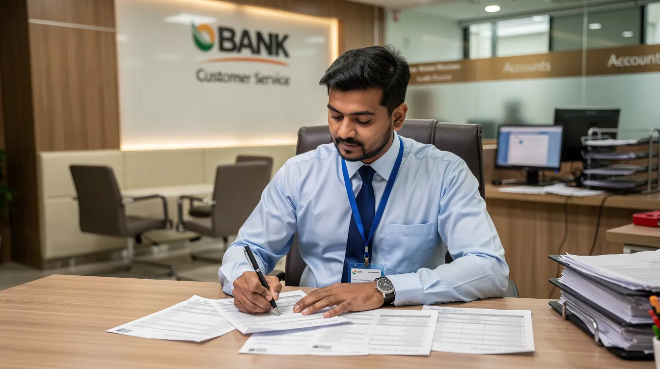 532e13ea 3cc6 44a1 ad39 3eb882de2660 A bank officer is seated at a desk in an Indian bank branch, meticulously reviewing a project report that includes details about a business loan application. The documents contain essential information regarding the commercial aspects and logistics of the project, aimed at supporting micro enterprises under the Mudra scheme.