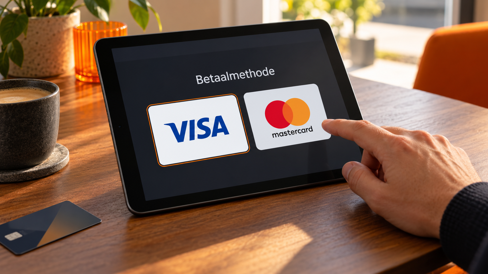 Tablet met Visa en Mastercard als betaalopties.