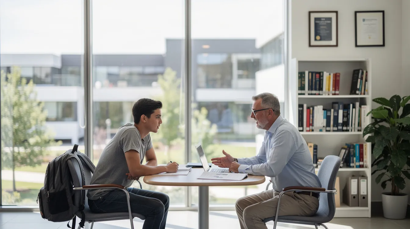 Ein Student führt ein Beratungsgespräch mit einem Professor in einem modernen Universitätsbüro, während sie gemeinsam an der Themenwahl für die Masterarbeit arbeiten. Der Professor gibt wertvolles Feedback und Unterstützung, um dem Studenten bei der erfolgreichen Anfertigung seiner Abschlussarbeit zu helfen.